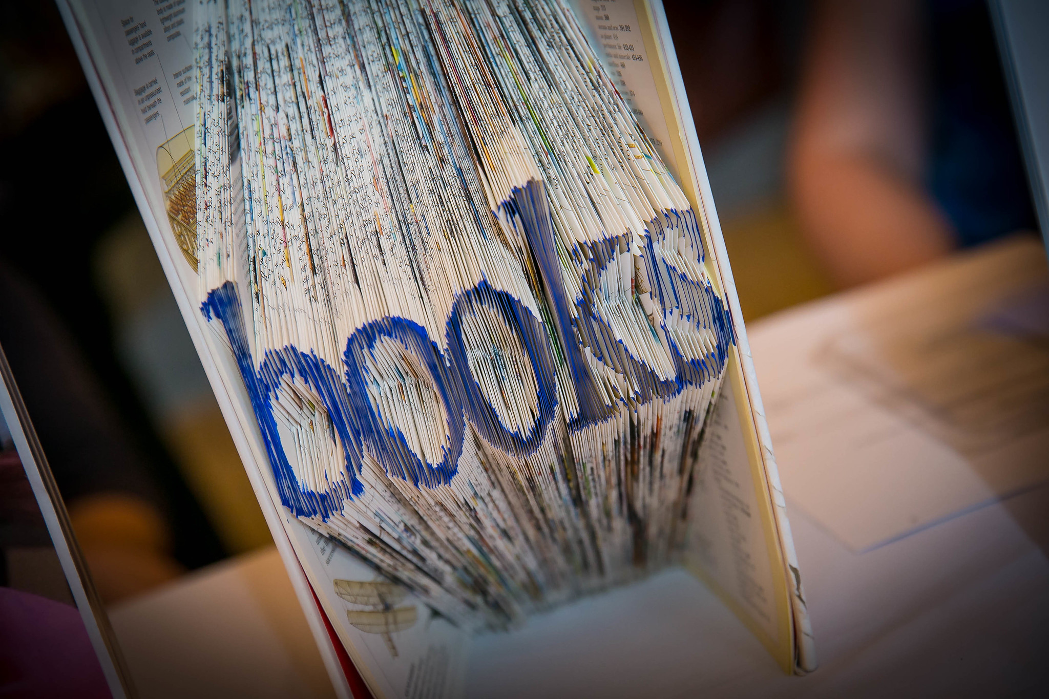 Image of a book with pages folded to say the word Books