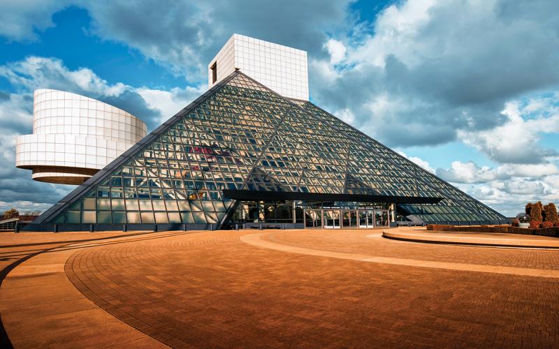 Exterior shot of the Rock & Roll Hall of Fame on Cleveland's lakeshore